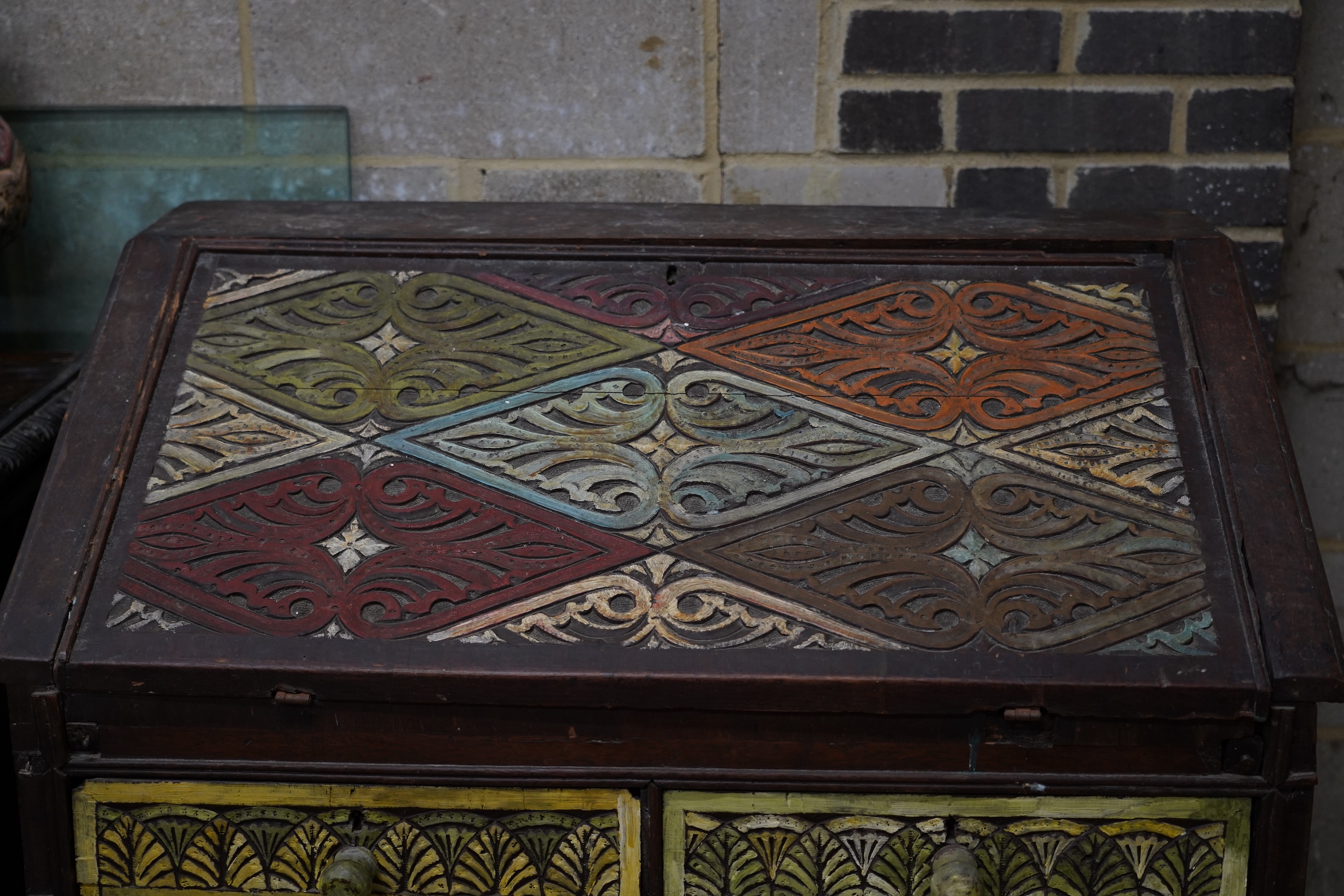 John Bratby (1928-1992): An oak bureau, polychrome decorated by the artist
